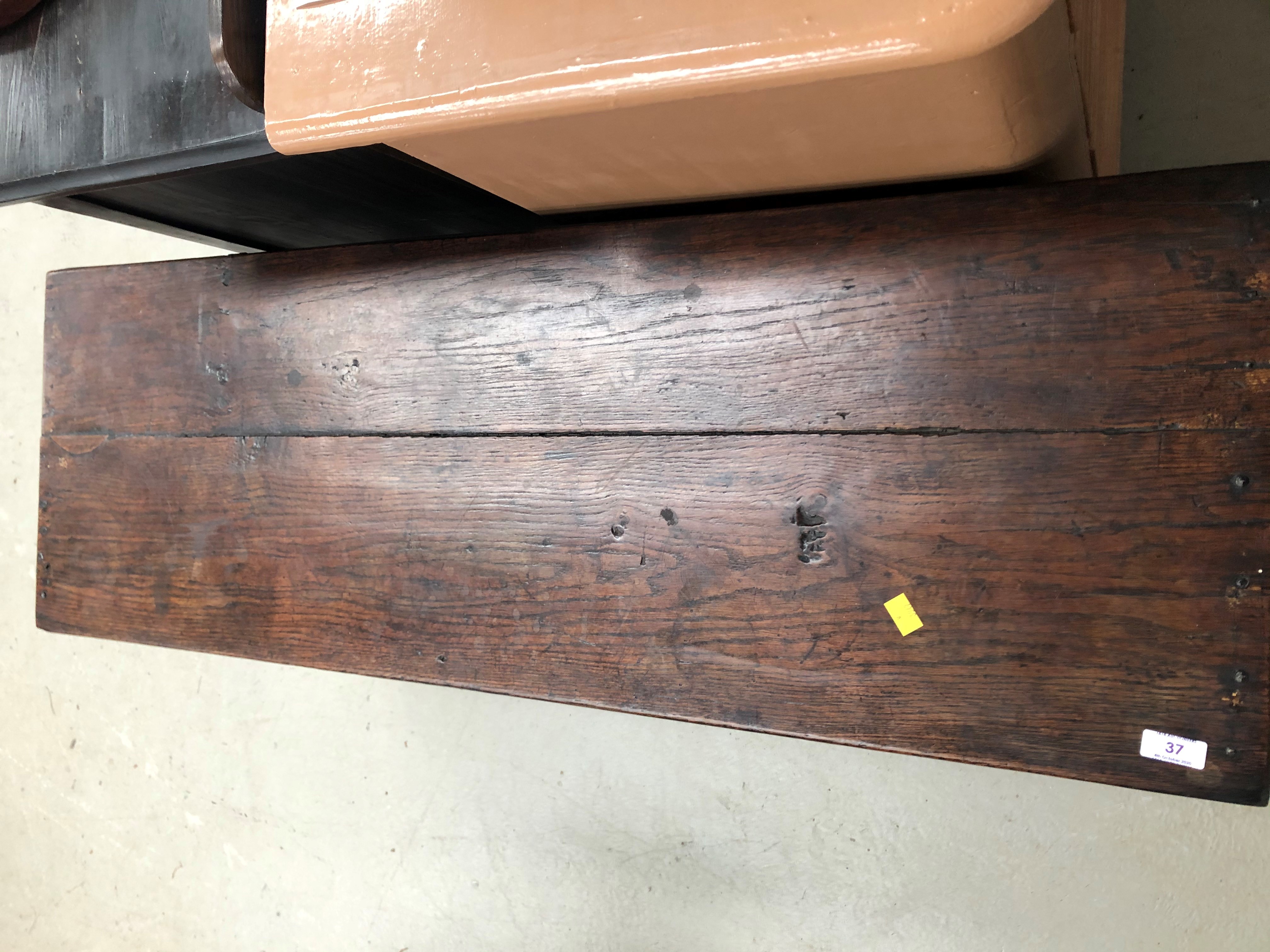 A period oak six plank chest, dimensions approx. W118cm D40cm H53cm - Image 3 of 4