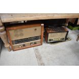 Two vintage radios, fire guard and a set of bellows