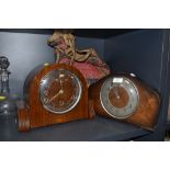 Two vintage Bentima wooden mantel clocks and a bag of clock components.