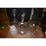 A selection of glass wares including two vintage light shades and hand blown decanter