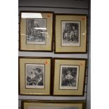 Four black and white classic styled framed prints.