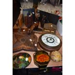 A selection of wooden treen items including nice set of bookends, barrometer and Black forest