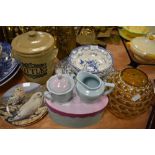 A selection of blue and white plastic bowls and plates,a boxed sugar and creamer, a stoneware lidded