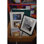 A box of general, including sport interest and framed Marilyn Monroe photo.