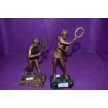 Two bronze cast figures of tennis players Virginia Wade and Christine Truman on marble bases
