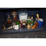 A mixed lot of hip flasks, Breweriana including White Horse whiskey and Ushers scotch whiskey