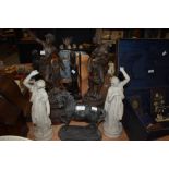 A selection of Victorian mantle garnitures including French spelter and parian ware classical