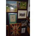 A lot containing seven artworks including two oil on board, two photographs(possibly local) signed