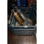 A selection of hardware including two vintage fire extinguishers one brass Pyrene