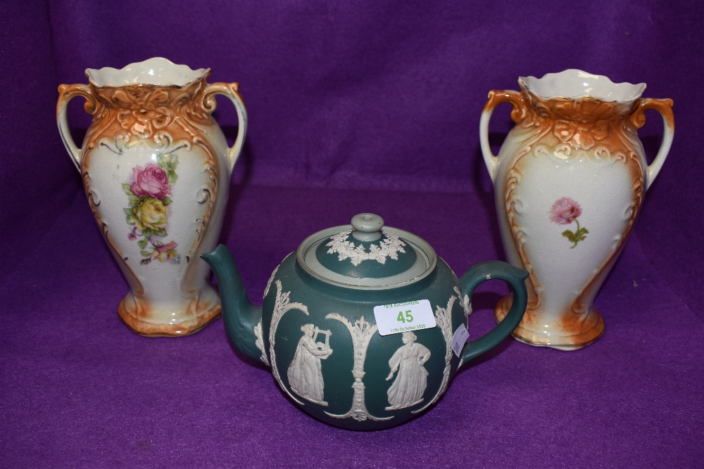 A set of floral transfer print vases with gilt detailing and a green Dudson Brothers tea pot.