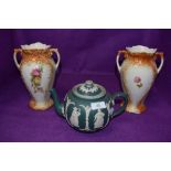 A set of floral transfer print vases with gilt detailing and a green Dudson Brothers tea pot.