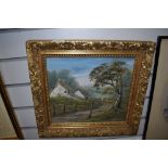 A framed oil on canvas depicting an Irish farmhouse. Signed Sutton D84.