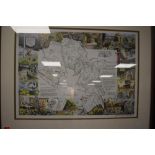 A signed print depicting a map of Cartmel and surrounding areas and scenes of local interest