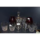 A small lot of vintage glass, including decanter, red brandy glasses and Stuart tumblers.
