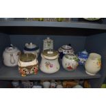 A selection of ceramics including teapots and Chinese export ginger jar depicting warriors (has been