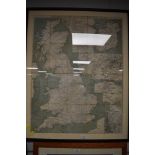 A framed and glazed Bradshaw's Railway Map of Great Britain and Ireland