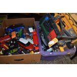 A selection of die cast toy cars and trucks including Hotwheels and Matchbox