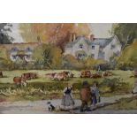 A watercolour, bucolic village scene, 47 x 68cm, framed and glazed