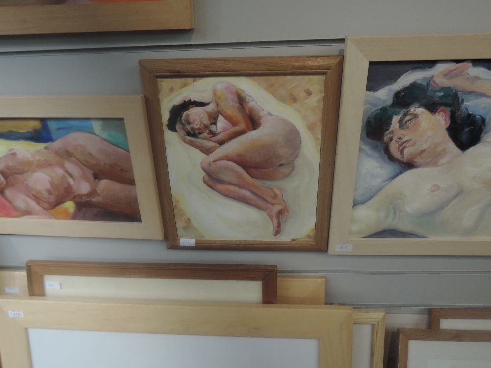 Three oil paintings, attributed to Michael Jenkins, nude studies, inc, Lying on back, 23 x 43cm,