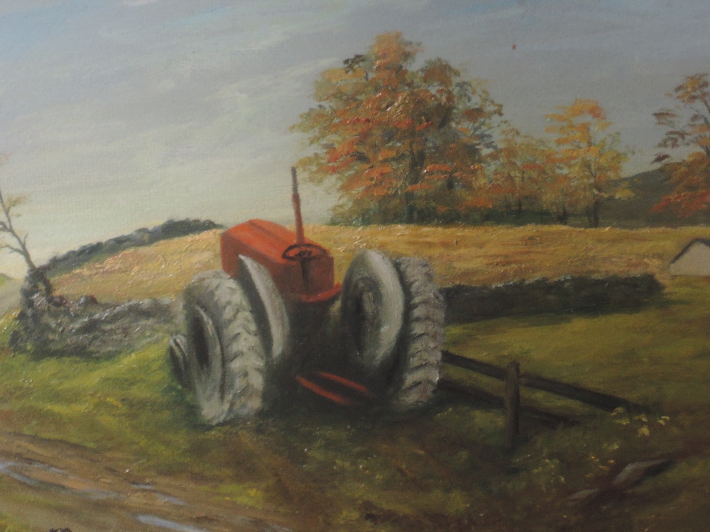 An oil painting, M Summerhay, tractor study, signed, 33 x 60cm, framed