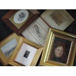 A selection of pictures inc oil painting, The Green Room, portrait study, 22 x 18cm, framed and