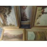 Five oil paintings, inc De Breanski, Loch scene, 24 x 44cm, framed