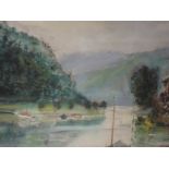 An oil painting on board, Frank Hend, lake scene, indistinctly signed, 41 x 59cm, and an oil