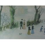 A print after Helen Bradley, Miss Carter series, winter scene, signed 30 x 40cm, framed and glazed