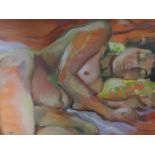 Four oil paintings, attributed to Michael Jenkins, inc, Ashia lying beside her cat, 28 x 39cm,