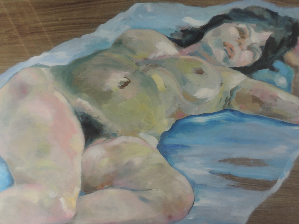 An oil painting, Michael Jenkins, nude study, The Blue Blanket, attributed label, 50 x 72cm,