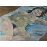 An oil painting, Michael Jenkins, nude study, The Blue Blanket, attributed label, 50 x 72cm,