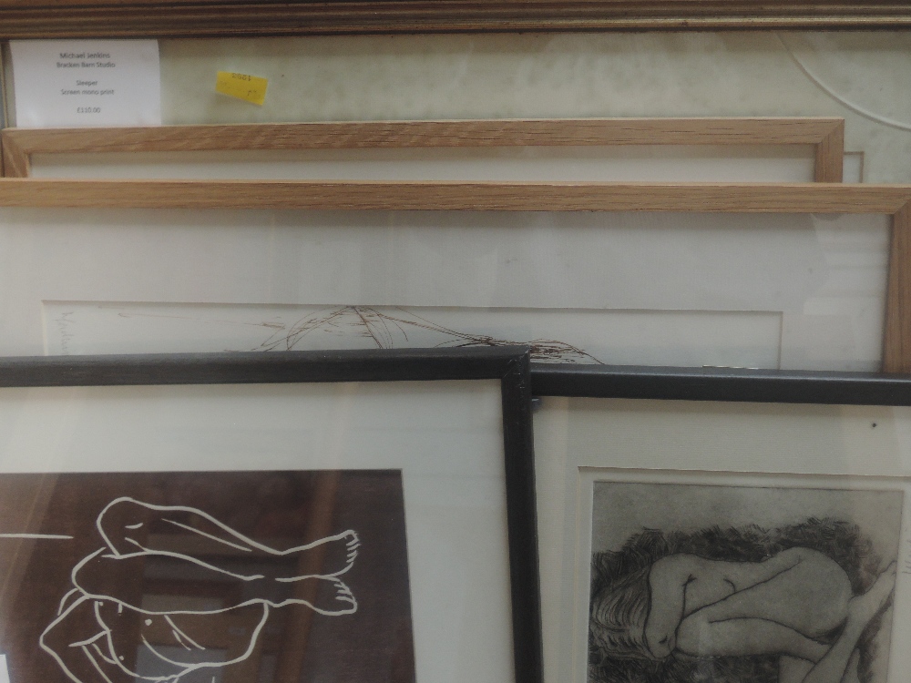 Ten pictures, sketches and prints, attributed to Michael Jenkins, nude studies, inc lino cut, Knees,