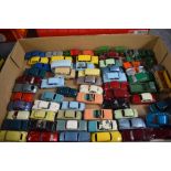 A box of Lesney and similar plaworn diecast cars and vehicles including Moris Minor, Aston Martin,