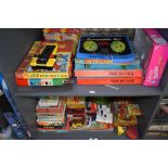 Two shelves of mixed vintage Toys & Games including Double Your Money, Careers, Halma, Solitaire,