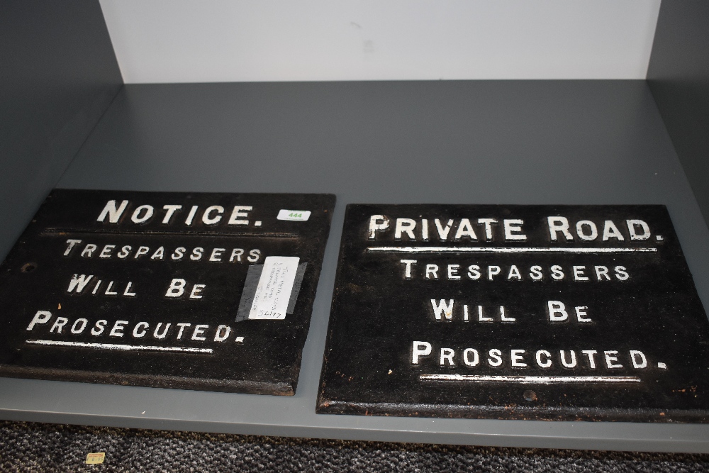 Two Cast Iron Signs, Notice Trespassers Will Be Prosecuted and Private Road Trespassers Will Be