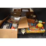 A shelf of vintage Toys and Games including Shuttle-Ball Game, Triang Beaufort Castle, miniature