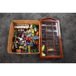 A box of mixed vintage diecast and plastic vehicles including Learning Curve Thomas Accessories,