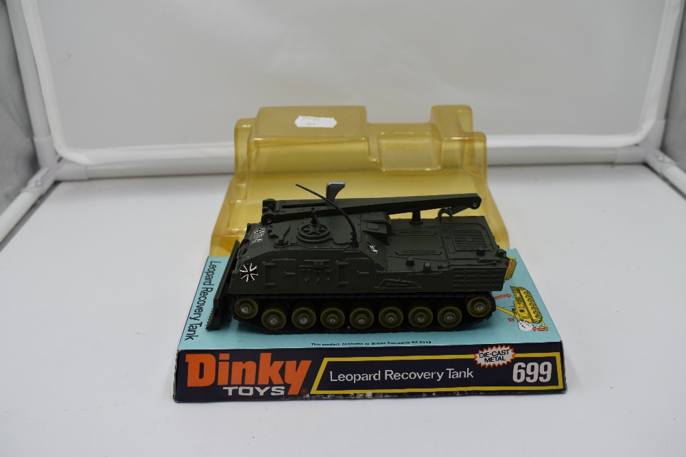 A Dinky diecast, Leopard Recovery Tank, in original card and bubble display box 699