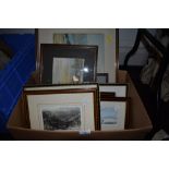 An assortment of vintage and antique etchings and pictures, including Durham, Newcastle and