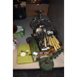A selection of cutlery and table wares including Spongs bean slicer and biscuit cutters