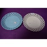 Two Victorian Sowerby vitro porcelain/milk glass plates having basket weave design, one in blue