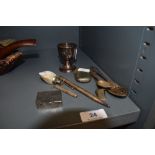 A selection of curios including mother of pearly scent bottle and Wyvern propelling pencil