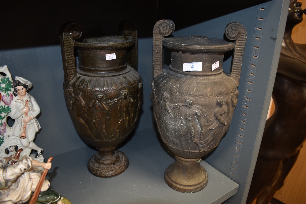 Two large impressive Victorian urn styled bronze effect spelter lamps depicting Greek or Roman style