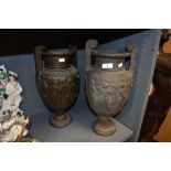 Two large impressive Victorian urn styled bronze effect spelter lamps depicting Greek or Roman style