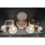 A selection of ceramics including Maling peony rose and Queen Anne tea cups