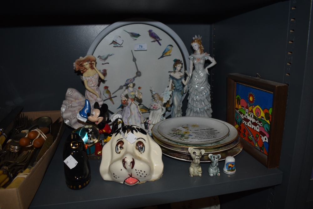 A mixed lot of ceramics including Mickey mouse now globe, Leonardo collection figurines, bird clock,