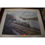A framed and mounted print depicting steam train on coastal voyage after Dan Breckon.