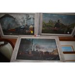 Three framed prints of railway interest.