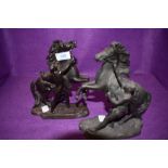 A pair of bronzed spelter figures, Horse and charioteer in Marley style after Coustou.