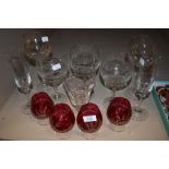 A collection of glass including four vintage red brandy glasses with gilt edging, twelve in total.